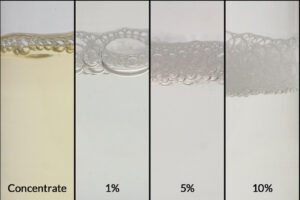 Concentrado químico ZERUST AxxaWash KF-124 junto con diluciones al 1%, 5% y 10% en envases transparentes, lo que demuestra su versatilidad como desengrasante a base de agua.